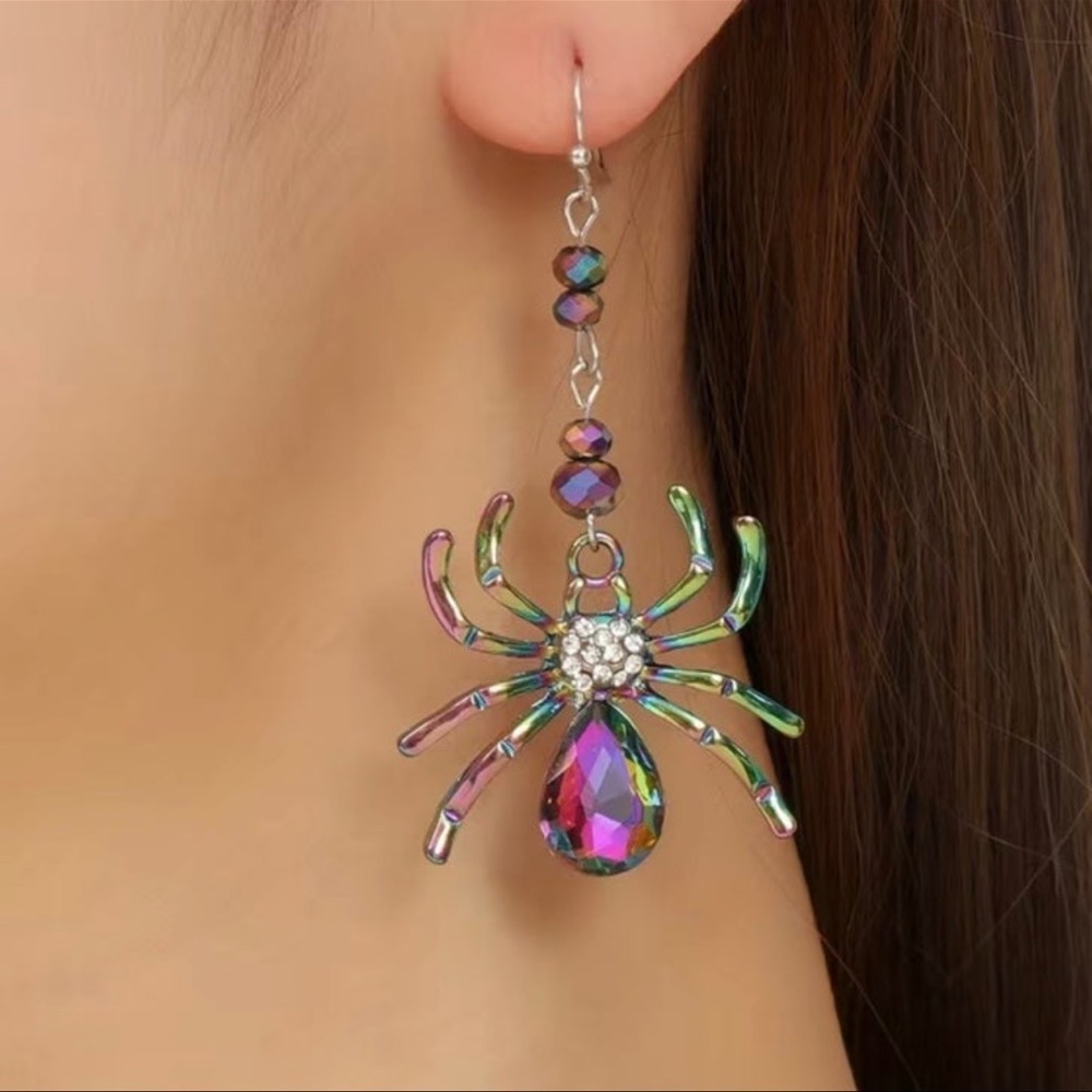 Halloween Colorful Iridescent Rhinestone Spider Dangle Earrings Nwt